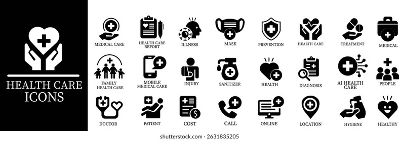 Health care icon set.Vector illustration in modern style of health related icon: mental health, healthcare, spa, medical, wellbeing, meditation, lifestyle, Medical Exam, Medicine, Hospital and more.