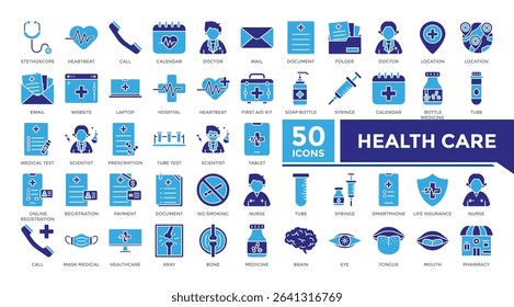 Health care Icon solid two color Set Collection. This set includes stethoscope, heartbeat, doctor,hospital and medical test icons in solid style. Vector icons collection for websites and infographics