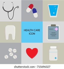 Health care icon vector set of 8 , Stethoscope, drug, medicine, vitamin, water in the glass, tooth, list, heart, drug bottle