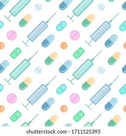Health care icones vector seamless pattern. Vector medicine pills and syringes illustration background.