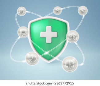 Health care icons Medical shield and insurance to protect against diseases such as brain, intestinal, stomach, bone, and lung diseases. Vector illustration file.