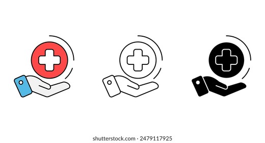 Symbole für das Gesundheitswesen eingestellt. Hand und medizinisches Kreuz-Symbol isolierter Hintergrund, medizinische Gesundheit Silhouette-Symbol, Vektorillustration.