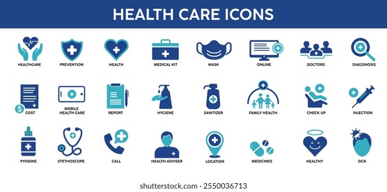 Health care icons set with various medical symbols, great for health and wellness industry projects.