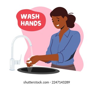 Health Care and Immunity Boost Concept with Happy Woman Washing Hands, Hygiene Procedure Banner with Cheerful Black Female Character Wash Palms with Soap under Water Jet. Cartoon Vector Illustration