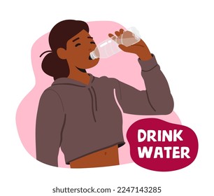 Cuidado de la salud, Impulso a la inmunidad, Cartel de hidratación con un hombre sano. Agua para beber con personajes femeninos. Mujer feliz con una bebida refrescante, agua pura limpia en botella. Ilustración de vectores de personas de caricatura