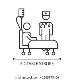 Health care industry linear icon. Clinic, hospital. Medical help. Doctor and patient. Professional caregiver. Thin line illustration. Contour symbol. Vector isolated outline drawing. Editable stroke