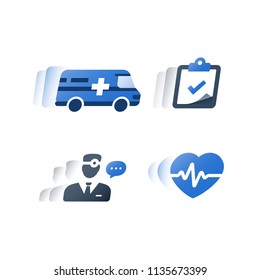 Health Care Insurance Policy, Medical Hospital Fast Services, Health Check Up, Consult Doctor, Assistance And Support, Cardiovascular Examination, Professional Help, Emergency Ambulance, Flat Icon Set