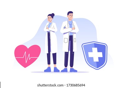 Health care and insurance service  concept. Young doctors or hospital staff standing confident near heart shape and medical protection shield. Health security and medical service. Vector illustration