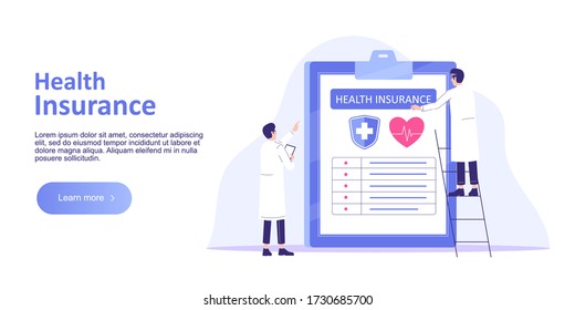 Health care and insurance service  concept. Young doctors or hospital staff preparing health insurance document. Filling medical document form. Landing page template. Web banner. Vector illustration