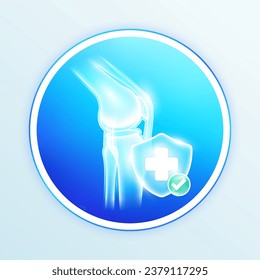 Health care knee joint bone human internal organs. Medical symbol cross in blue shield and check mark in green button. Labels for design food and pharmaceutical business products. Vector EPS10.