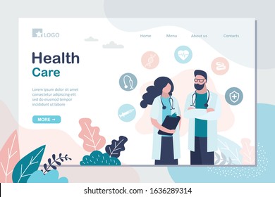 Health Care landing page template. Two doctors in uniform and medical icons.Specialist Colleagues posing. Healthcare concept web background. Male and female characters.Trendy style vector illustration