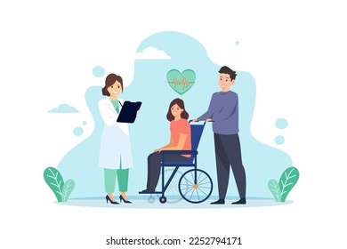 Health care and life insurance concept. Doctor and family people medical exam. Vector illustration