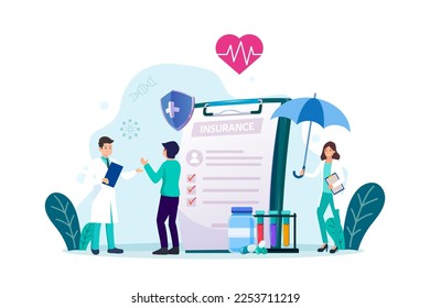 Health care and life insurance concept. Doctor and nurse with big clipboard document, shield and umbrella. Vector illustration