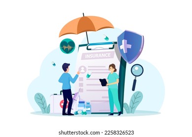 Health care and life insurance concept. Doctor and nurse with big clipboard document, shield and umbrella. Vector illustration