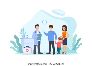 Health care and life insurance concept. Doctor and family people medical exam. Vector illustration