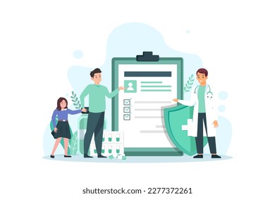 Health care and life insurance concept. Doctor and family people medical exam with big clipboard document. Vector illustration