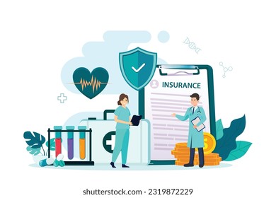 Health care and life insurance concept. Doctor and nurse with big clipboard document, check mark shield. Vector illustration