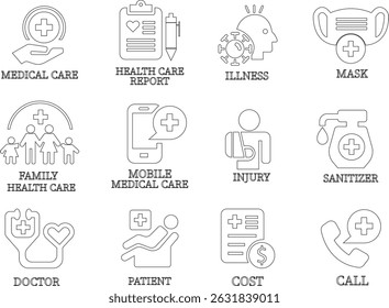 Health care line art icon set.Vector illustration in modern style health related icon mental health, healthcare, medical, wellbeing, meditation, lifestyle, Medical Exam, Medicine, Hospital and more.