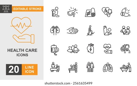 Health care line editable icon set. Medicine, patient, nurse, treatment, diagnosis and more line icons.