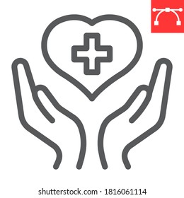 Icono de línea de atención de la salud, SIDA y amor, corazón con manos señalizadas gráficos vectoriales, icono lineal de trazo editable, eps 10