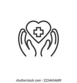 Icono de línea de atención médica. signo de estilo lineal para concepto móvil y diseño web. Dos manos sosteniendo el corazón con un icono vector de contorno cruzado. Símbolo, ilustración del logotipo. Gráficos vectoriales