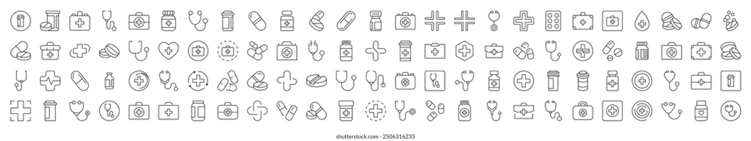 Health Care Line Icon Pack. Modern Collection for Design, Web Sites, Apps, Cards. Contains Linear Images of Medical Cross, Pills, Stethoscope, Suitcase