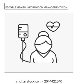 Health care line icon. Senior people treatment. Cardiogram and hospital dropper. Health information management concept. Isolated vector illustration. Editable stroke