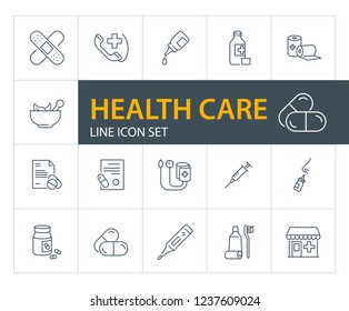 Health Care Line Icon Set. Drugstore, Pills, Syringe. Medicine Concept. Can Be Used For Topics Like Emergency, First Aid, Medical Help