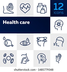 Health care line icon set. Heart disease, eye drops, vertigo, chickenpox. Healthcare concept. Can be used for topics like medicine, symptoms, illness