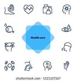 Health care line icon set. Heart disease, eye drops, vertigo, chickenpox. Healthcare concept. Can be used for topics like medicine, symptoms, illness