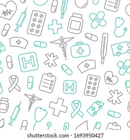 Health Care Line Seamless Pattern - Background. Medical Icons. Blue And Black. Medicines, Medical Supplies. Vector Illustration.