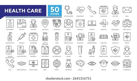 Health care lineal icon set collection. This set includes stethoscope, heartbeat, doctor, hospital, medical test and more icons in 
lineal style. Vector icons collection for websites and infographics