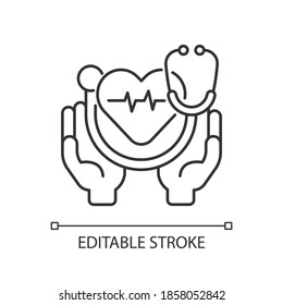 Health care linear icon. Medical social services. Preventing and managing disease. Thin line customizable illustration. Contour symbol. Vector isolated outline drawing. Editable stroke