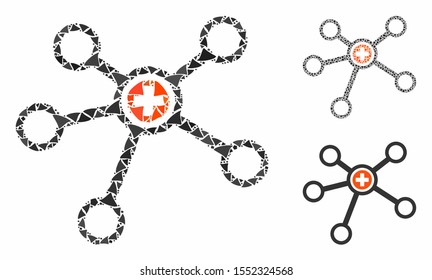 Health care links mosaic of bumpy elements in different sizes and color hues, based on health care links icon. Vector ragged elements are composed into mosaic.