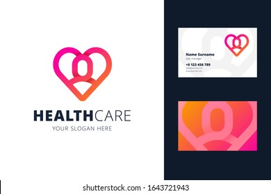 Health care logo and business card template. Heart and man shapes in origami, line style. Logotype for a clinic, medical center, health caring