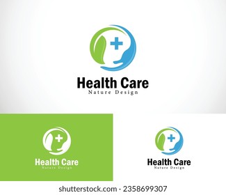 health care logo creative design people plus sign symbol medical clinic nature hand and leave