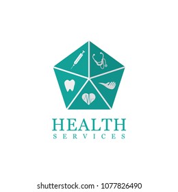 health care logo, design health icon pentagon. icon dental, syringes, stethoscopes, heart and hands