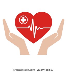 Health care logo illustration.Hands holding a heart with a pulse on a white background