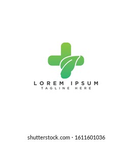 Health Care Logo, For Medical Center, With line Cross Symbol In leaf