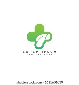 Health Care Logo, For Medical Center, With line Cross Symbol In leaf