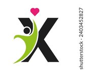 Health Care Logo On Letter X Love, Heart Symbol. Charity Logotype
