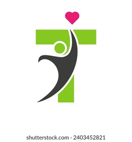 Logo des Gesundheitswesens auf Buchstabe T Liebe, Herzsymbol. Wohltätigkeitslogotype