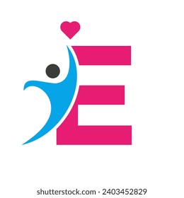 Health Care Logo On Letter E Love, Heart Symbol. Charity Logotype