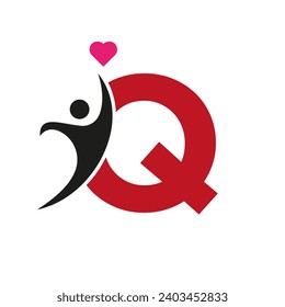 Logo De Health Care En Letra Q Love, Símbolo cardíaco. Logotipo de caridad