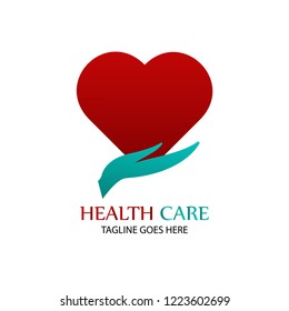 Health care logo template, heart logo with blue hand depicting health care vector illustration