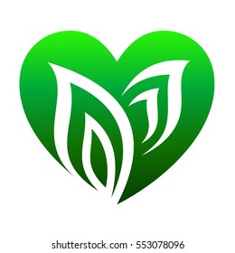 Health and Care Logo Template. Heart Symbol with Leaf Shape Inside