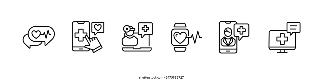 health care media digital consultation icon vector line set online doctor support diagnosis medicals assistant mobile symbol illustration