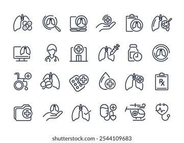 Gesundheitswesen und medizinische über Lungen Icon-Set. Konzept der Lungenerkrankung Behandlung für Krankenhaus, Gesundheitsversorgung, Notfall, Arzt, Diagnose, Bericht, Krankheit, Krankenwagen und mehr. Vektordesign.