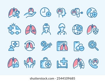 Gesundheitswesen und medizinische über Lungen Icon-Set. Konzept der Lungenerkrankung Behandlung für Krankenhaus, Gesundheitsversorgung, Notfall, Arzt, Diagnose, Bericht, Krankheit, Krankenwagen und mehr. Vektordesign.