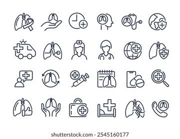 Gesundheitswesen und medizinische über Lungen Icon-Set. Konzept der Lungenerkrankung Behandlung für Krankenhaus, Gesundheitsversorgung, Notfall, Arzt, Diagnose, Bericht, Krankheit, Krankenwagen und mehr. Vektordesign.